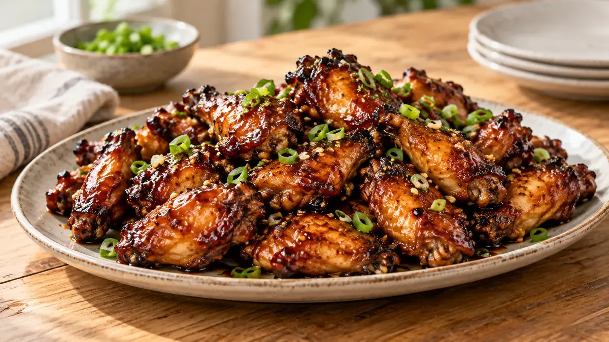 Platter of sticky, glossy glazed chicken wings with sliced green onion