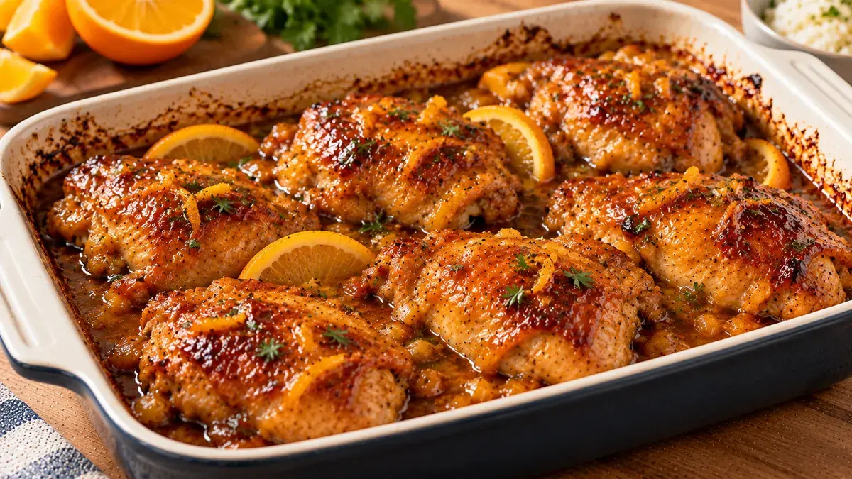 Baked chicken pieces with a sticky orange marmalade and soy glaze in a baking dish