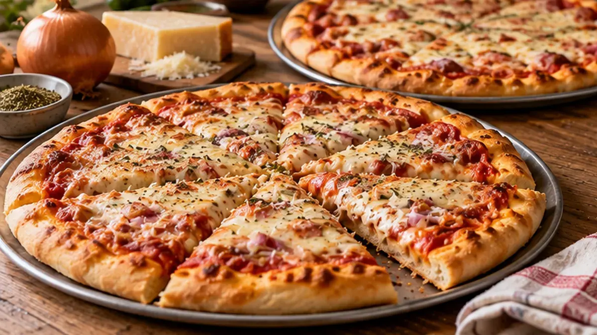 Two homemade pizzas with tomato sauce, onion and melted cheese, one cut into slices