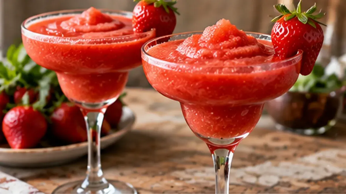 Frozen strawberry daiquiris garnished with fresh strawberries