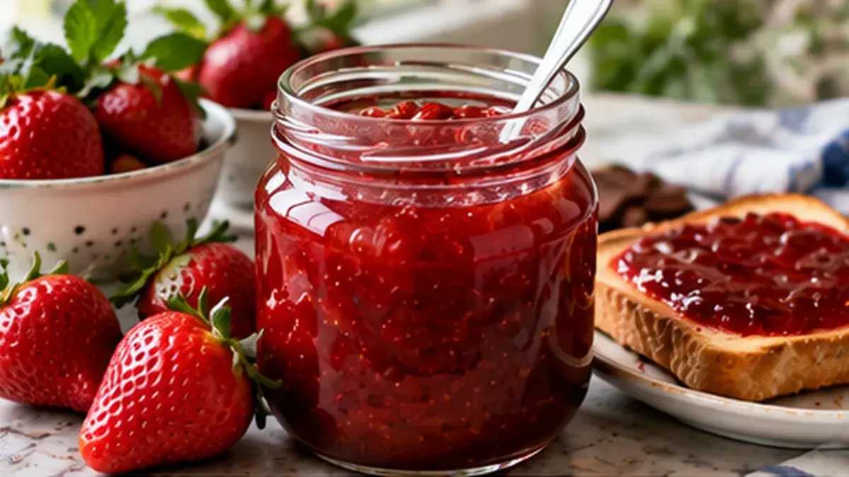 Jar of homemade strawberry jam with fresh strawberries and jam on toast