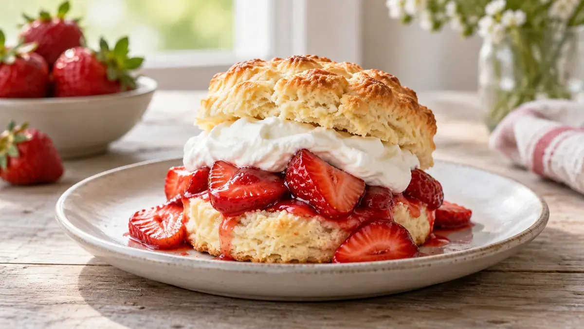 Strawberry shortcake with a split biscuit, sugared strawberries and whipped cream