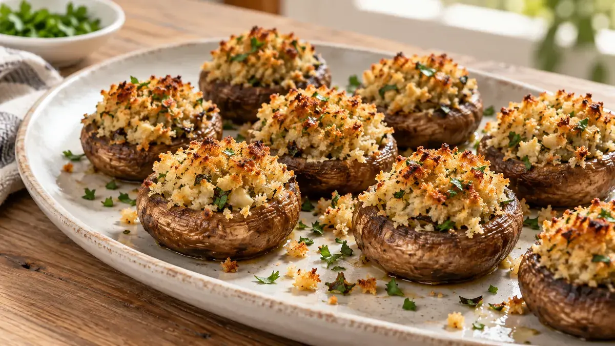 Mushroom caps stuffed with golden garlic bread crumbs on a platter
