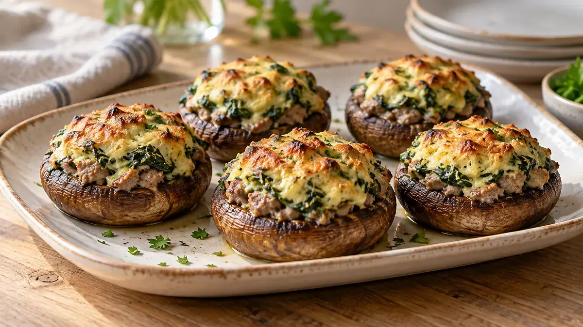 Mushroom caps stuffed with liverwurst and topped with golden spinach souffle