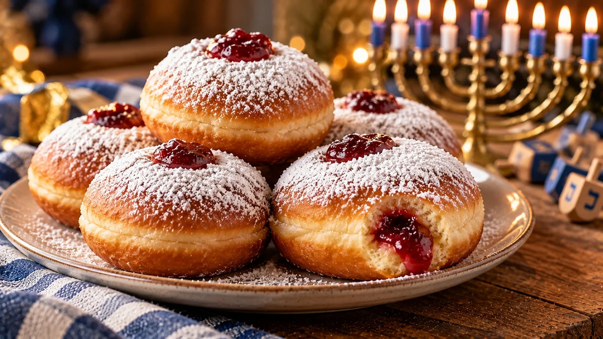 Powdered sugar sufganiyot jelly doughnuts with red jam