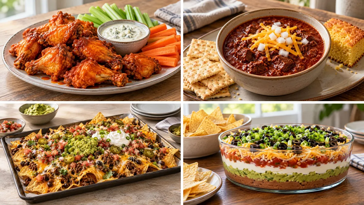Collage of Super Bowl party food: buffalo wings, Texas chili, beef nachos and seven-layer dip