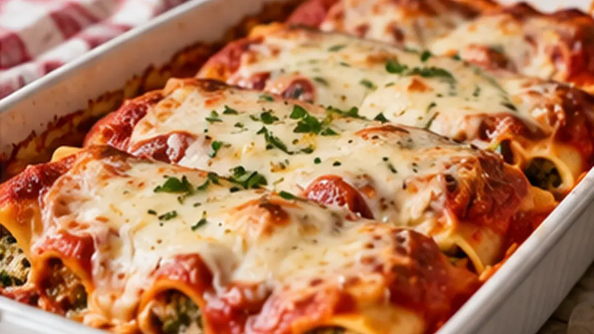 Manicotti baked under tomato sauce and melted mozzarella