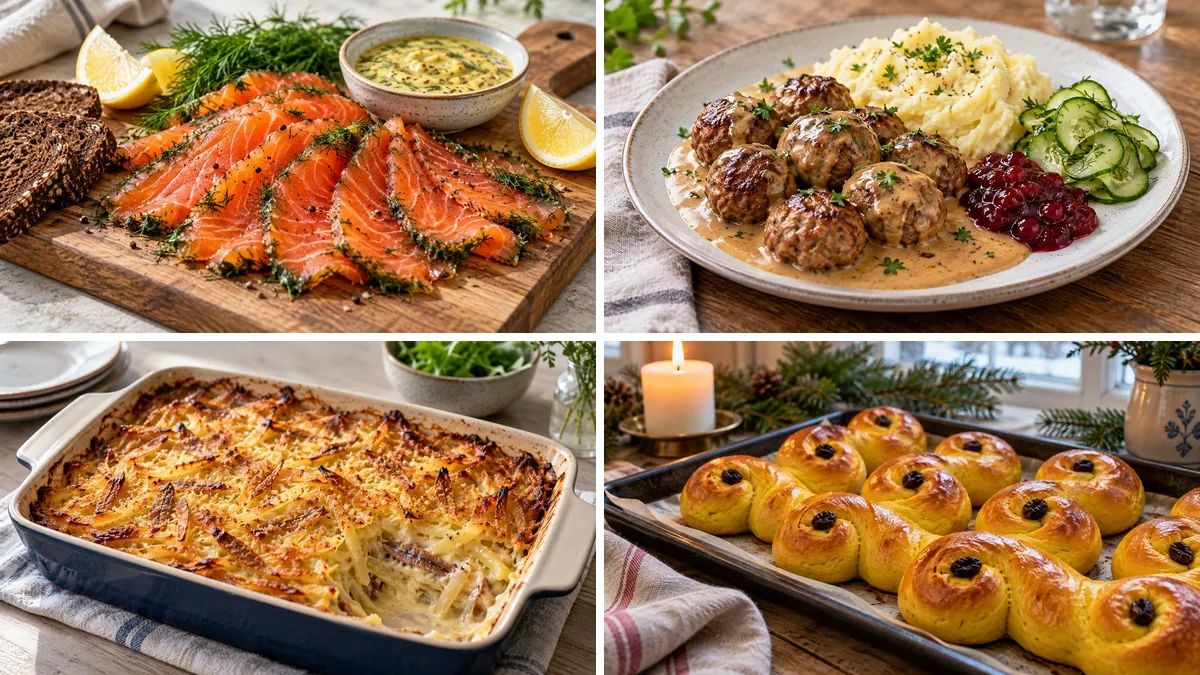 Collage of Swedish Christmas dishes: gravlax, Swedish meatballs, Jansson's Temptation and lussekatter