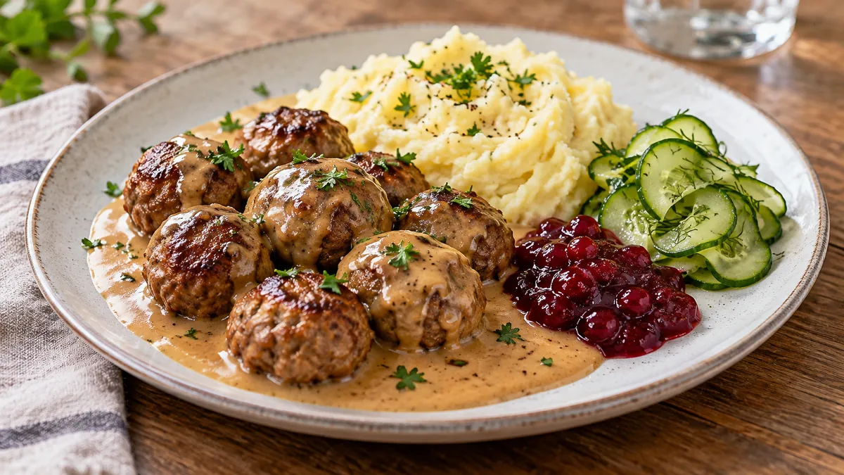 Swedish meatballs in cream gravy with mashed potatoes, lingonberry jam and pickled cucumber
