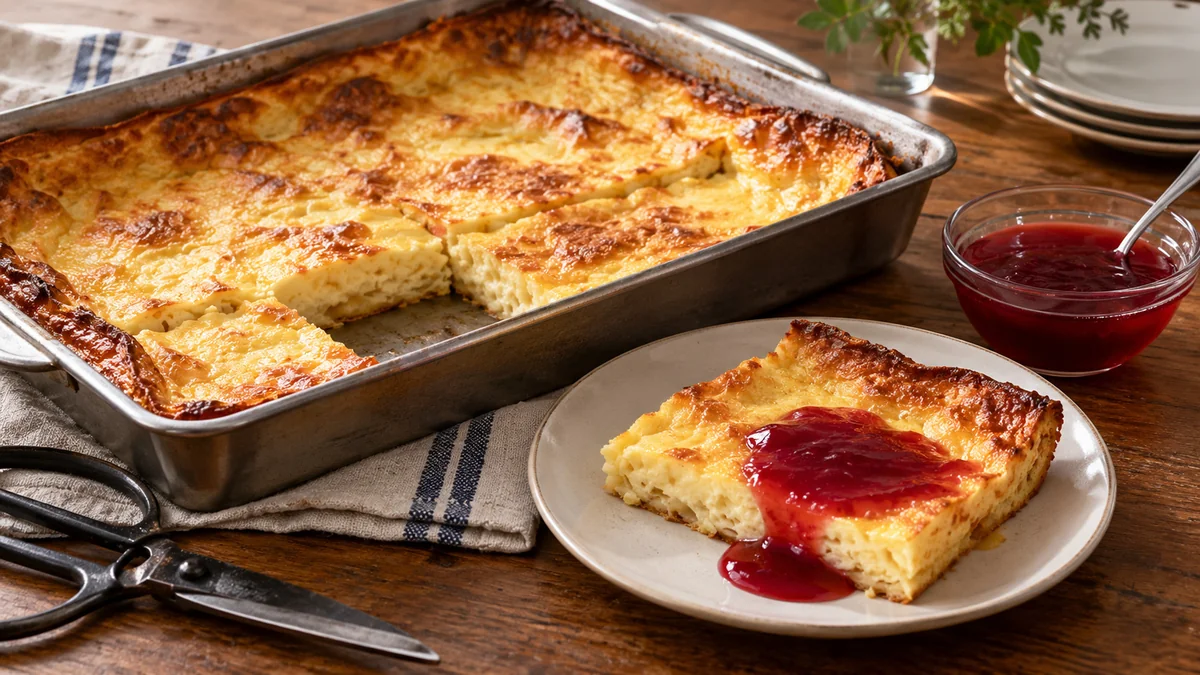 Golden Swedish oven pancake in a baking pan, with a square served with red berry jam
