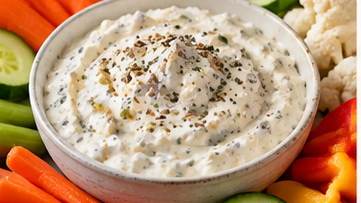Bowl of creamy sweet and sour cream cheese dip flecked with onion and celery seed, with raw vegetables