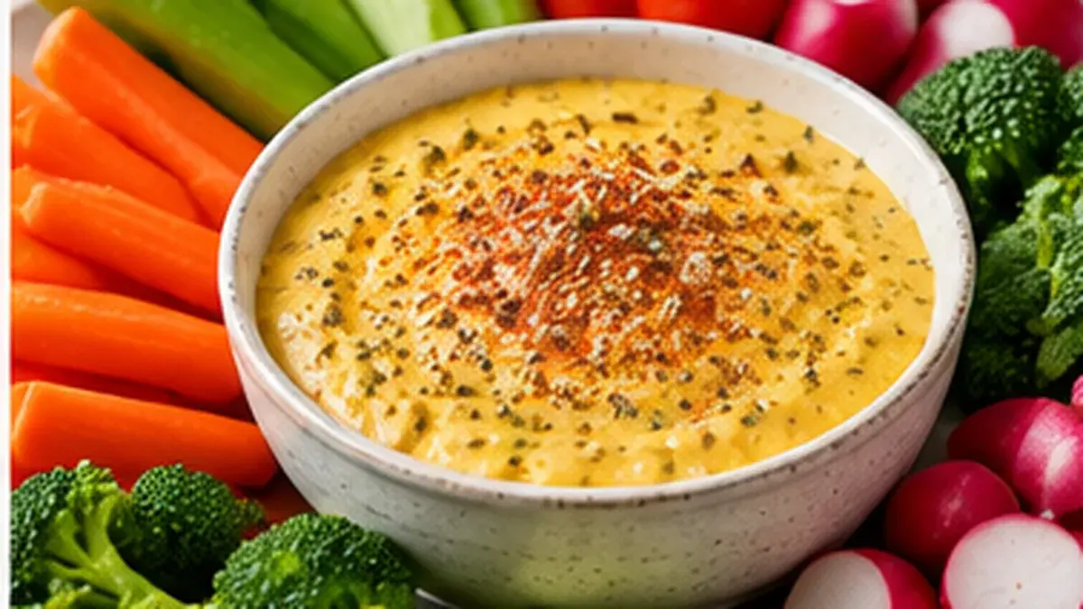 Bowl of tangy golden vegetable dip dusted with paprika, surrounded by raw vegetables