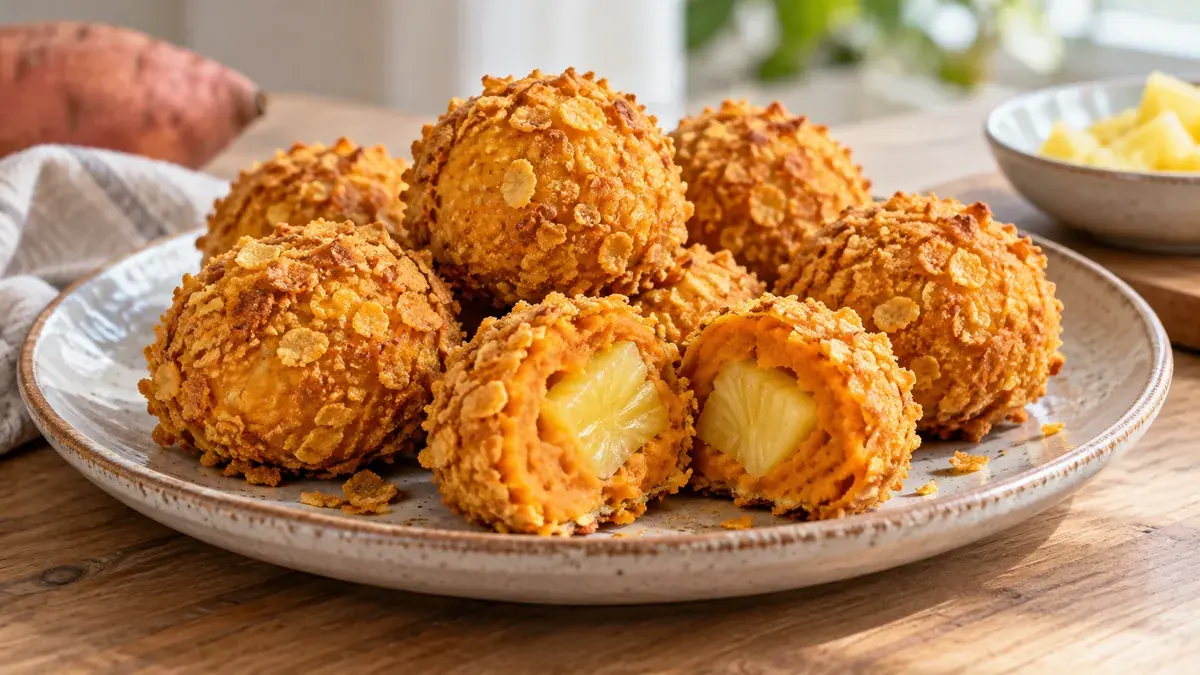 Sweet potato balls rolled in corn flake crumbs, one cut open showing pineapple inside