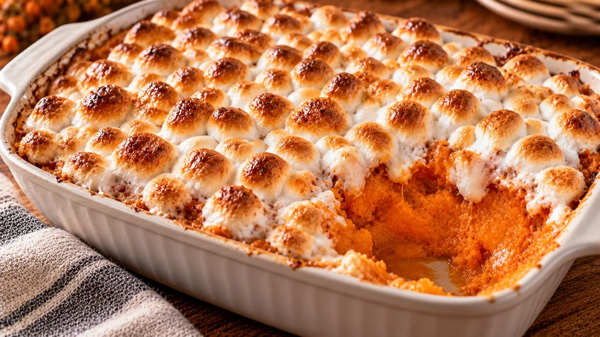 Sweet potato casserole with a golden toasted marshmallow topping