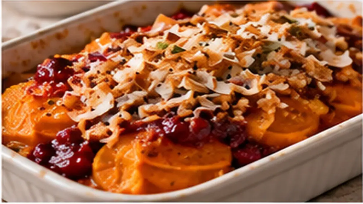 Sweet potato and cranberry casserole topped with toasted coconut