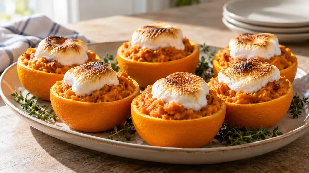 Orange halves filled with mashed sweet potato and topped with toasted marshmallows