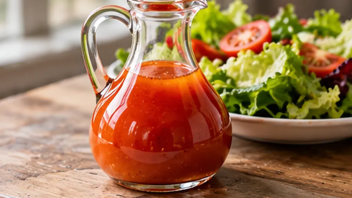 Cruet of red sweet tomato French dressing beside a green salad