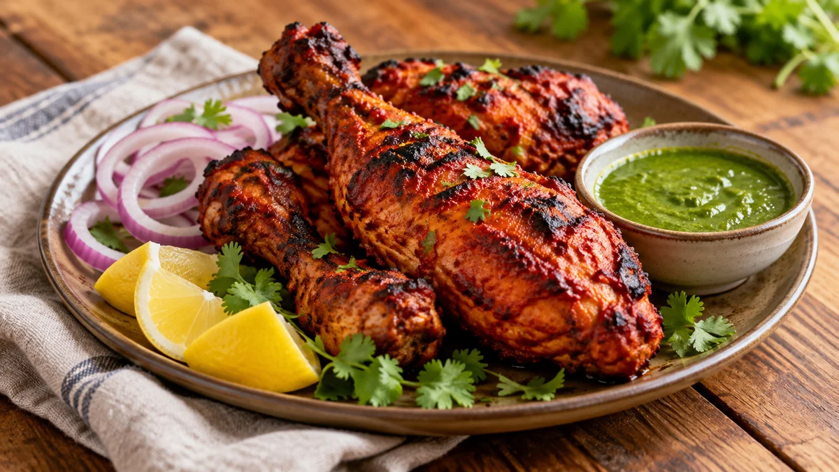 Charred tandoori chicken legs with red onion and lemon