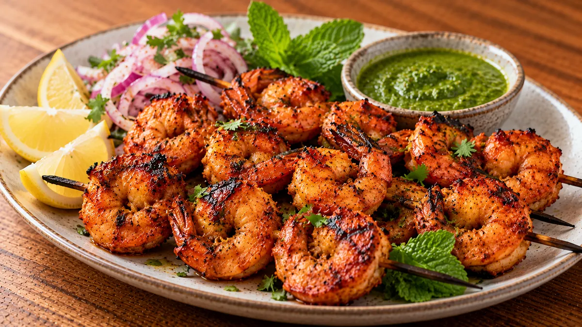Skewers of charred tandoori shrimp with mint chutney, red onion and lemon