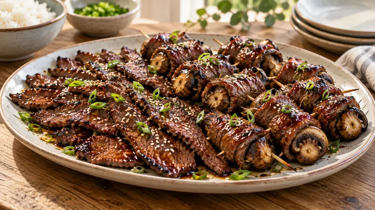 Broiled teriyaki flank steak strips, some rolled around mushrooms, on a platter