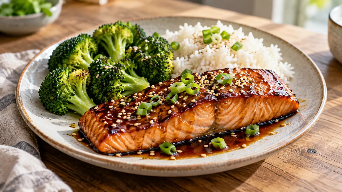 Teriyaki salmon with a glossy glaze, sesame seeds and green onions, with rice and broccoli