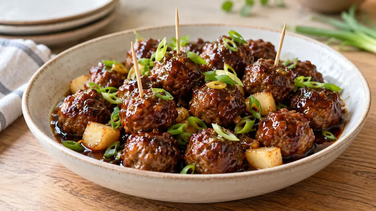 Teriyaki meatballs in a glossy sauce with water chestnuts and sliced green onion, toothpicks in a few