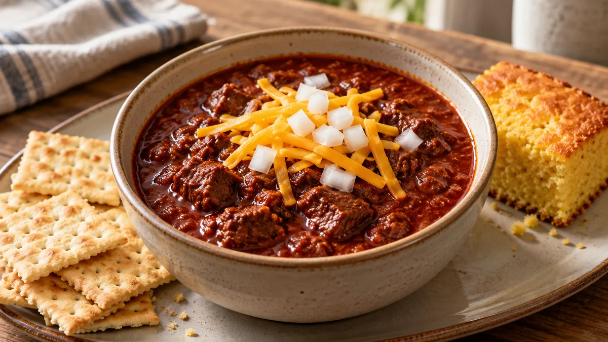 Bowl of Texas chili with beef cubes topped with Cheddar and onion, with saltines and cornbread
