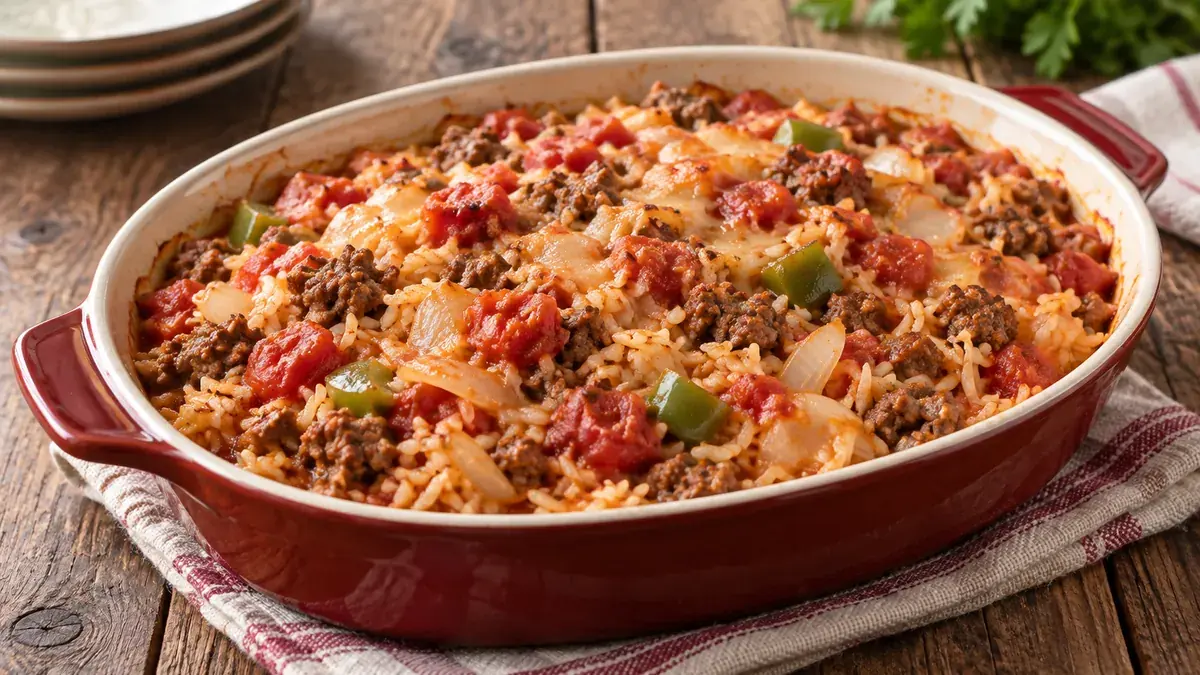 Baked Texas hash casserole of ground beef, rice, onion, green pepper and tomatoes in a red baking dish