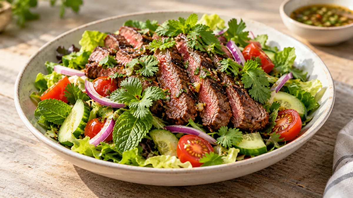 Thai beef salad of sliced grilled steak over lettuce with cucumber, tomatoes, red onion and herbs
