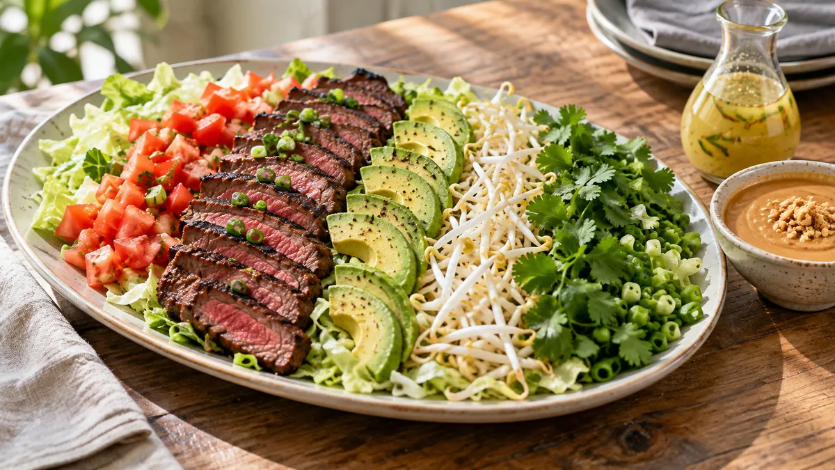 Thai cobb salad platter with sliced grilled sirloin, tomato, avocado, bean sprouts, cilantro and shredded lettuce, with peanut dressing and lime vinaigrette