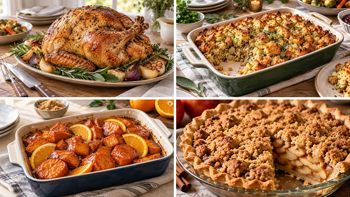 Collage of Thanksgiving dishes: herb-roasted turkey, bread stuffing, candied sweet potatoes and apple crumb pie
