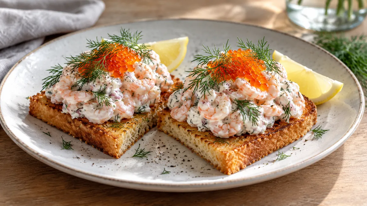Two slices of butter-fried toast topped with shrimp in dill dressing, orange roe, dill and lemon