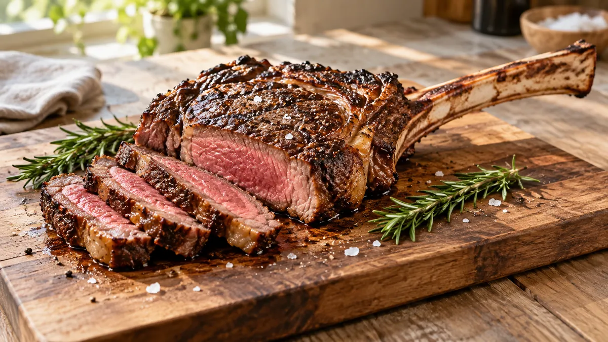 Tomahawk ribeye with a long bone on a board, sliced to show a rosy medium-rare center