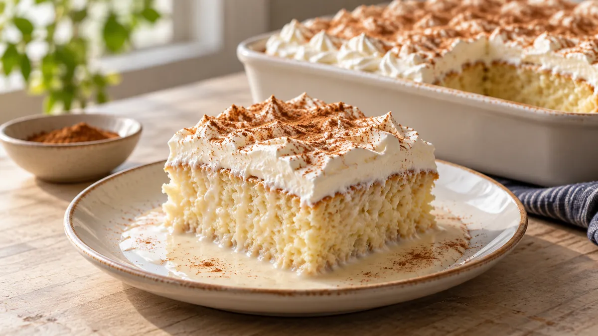 Slice of tres leches cake with whipped cream and cinnamon, milk pooling on the plate