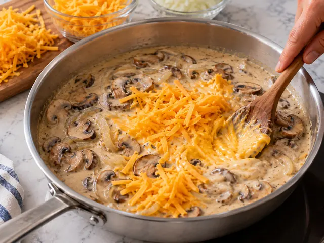 A skillet of creamy mushroom sauce being stirred, with sliced browned mushrooms and onion, shredded cheddar melting into it