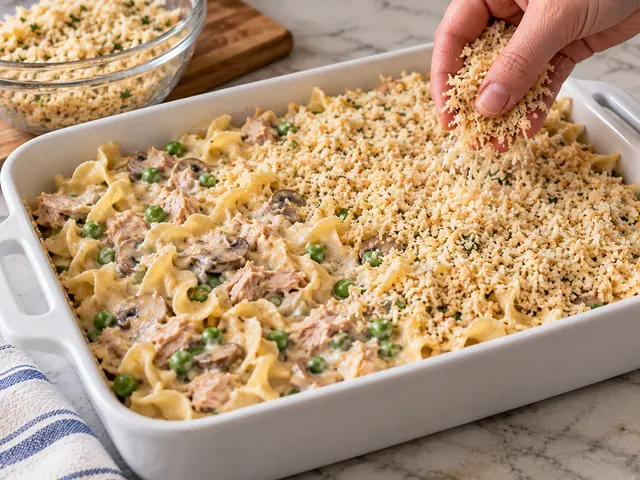 Buttered panko and Parmesan crumbs being sprinkled over an unbaked tuna noodle casserole with peas in a white baking dish