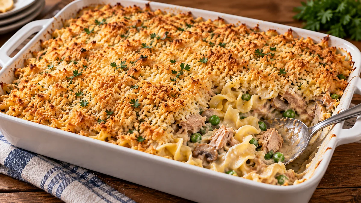 Tuna noodle casserole with a golden crumb topping in a baking dish