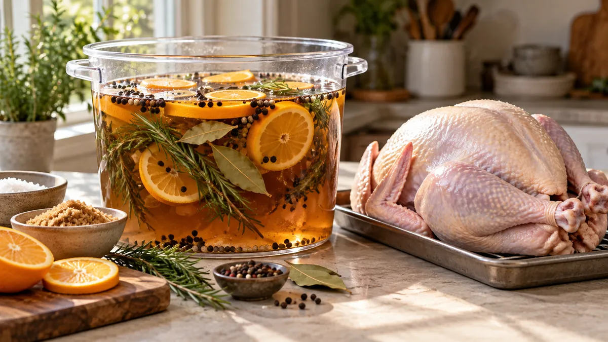 Container of turkey brine with oranges, peppercorns and herbs beside a raw turkey
