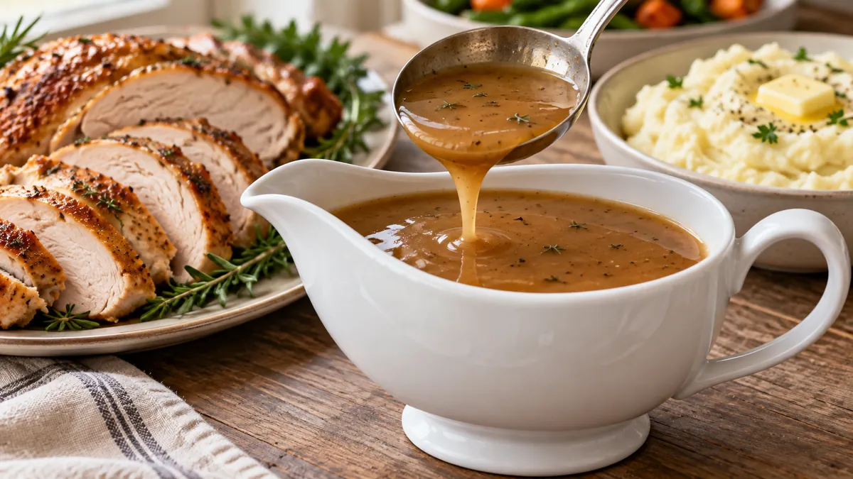 White gravy boat of turkey gravy being ladled, beside sliced turkey and mashed potatoes