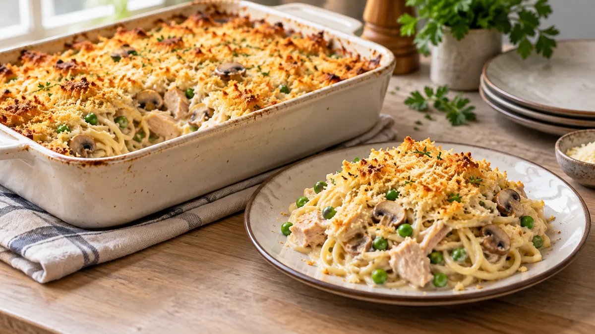 Baking dish of turkey tetrazzini with a golden crumb top and a serving on a plate