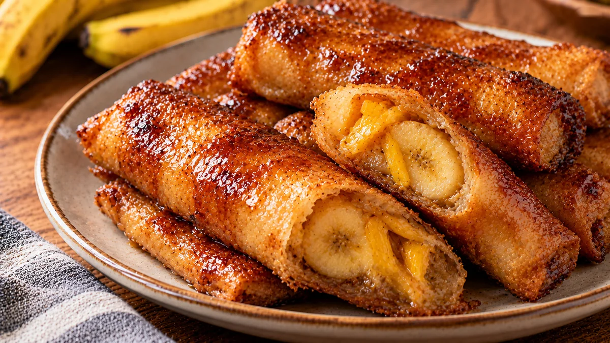 Caramel-glazed turon banana spring rolls on a plate