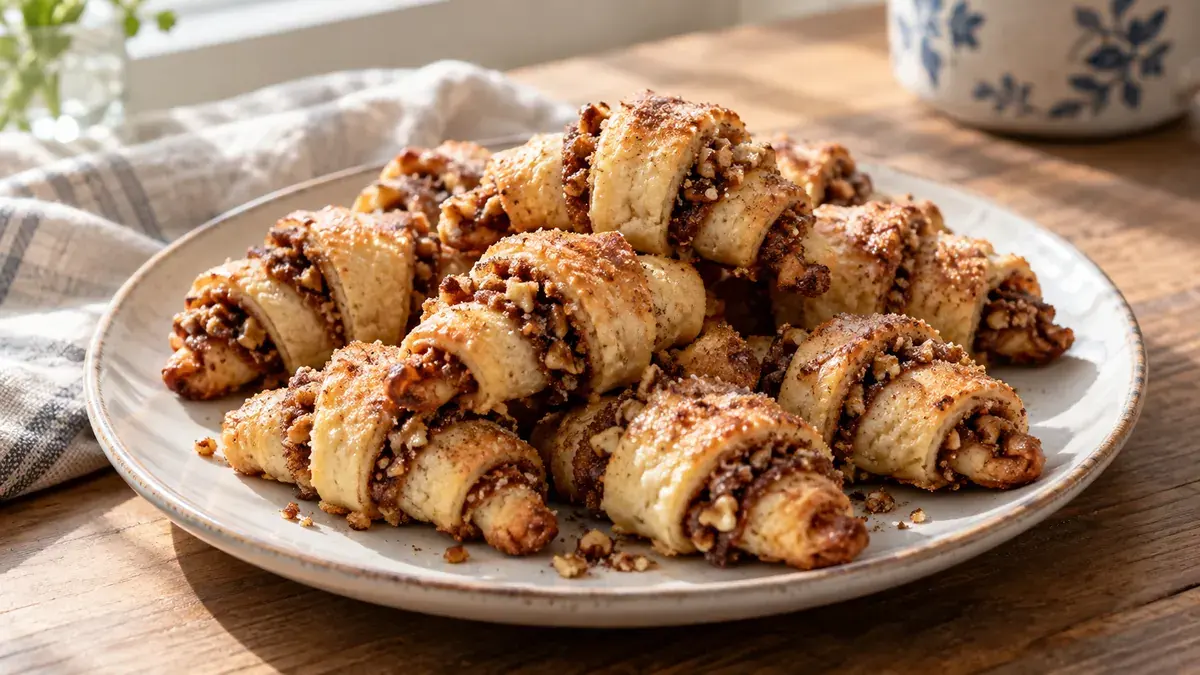 Plate of rolled crescent-shaped rugelach-style cookies with cinnamon sugar and nuts