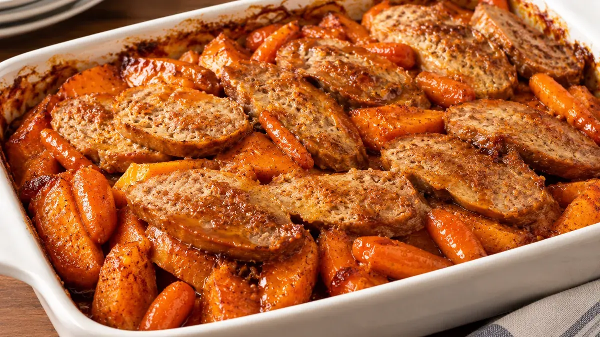 Tzimmis of sweet potatoes and carrots baked under slices of kishke in a white baking dish