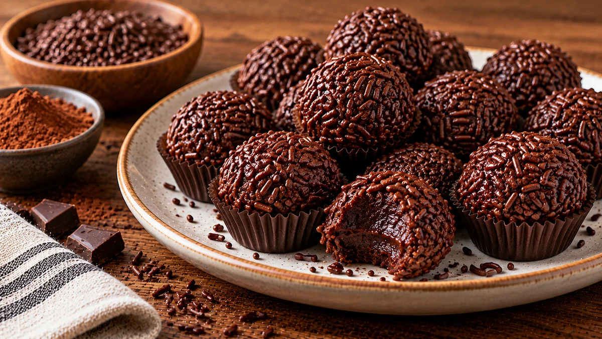 Vegan brigadeiros rolled in chocolate sprinkles in small paper cups