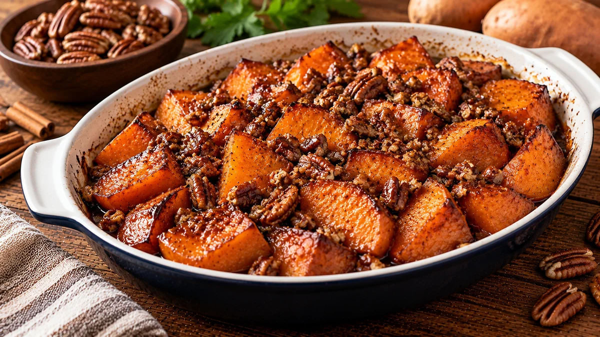 Vegan candied sweet potatoes in a glossy brown sugar and maple glaze in a baking dish
