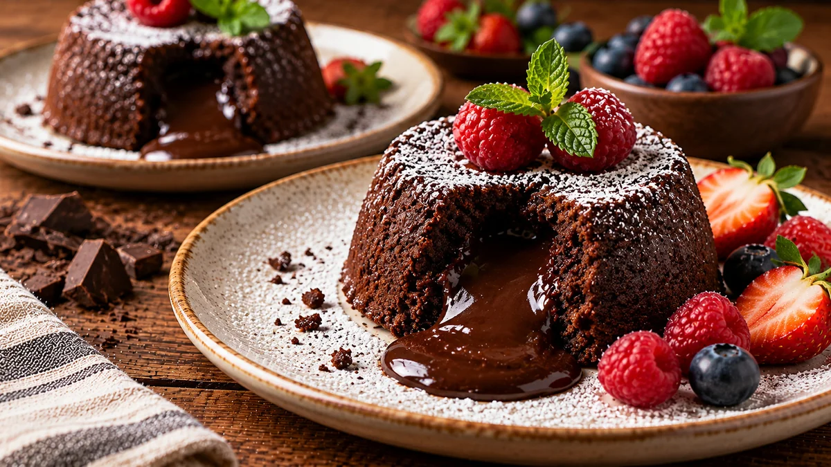 A vegan chocolate lava cake with molten chocolate flowing out, dusted with powdered sugar, with raspberries