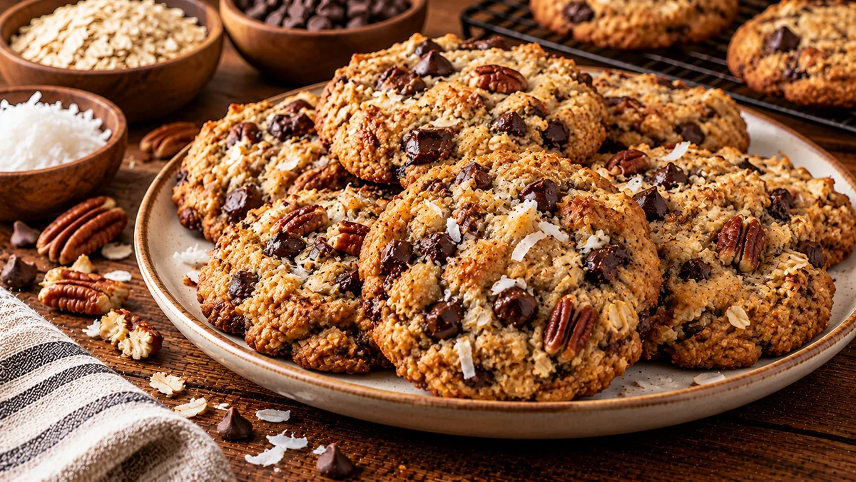 A stack of vegan cowboy cookies with oats, chocolate chips, coconut and pecans