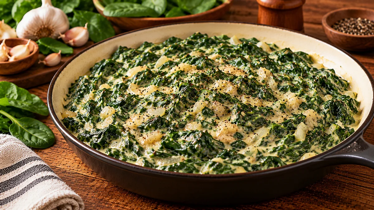 A skillet of vegan creamed spinach in a smooth cream sauce