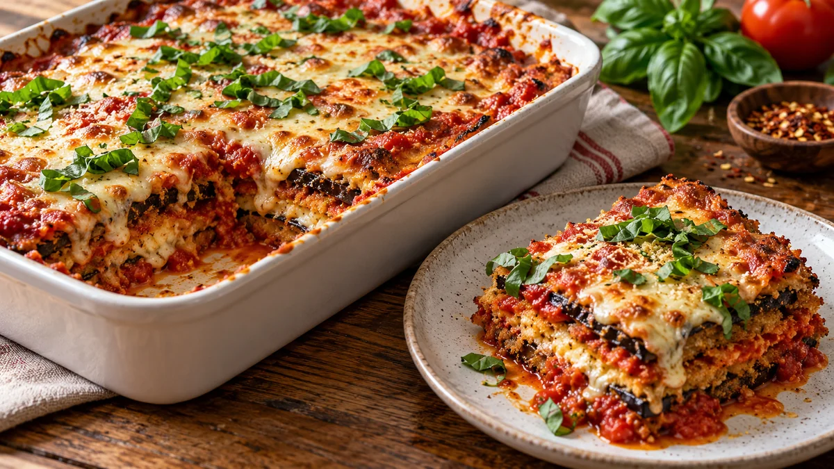 Vegan eggplant parmesan with melted plant-based mozzarella, marinara and fresh basil in a baking dish