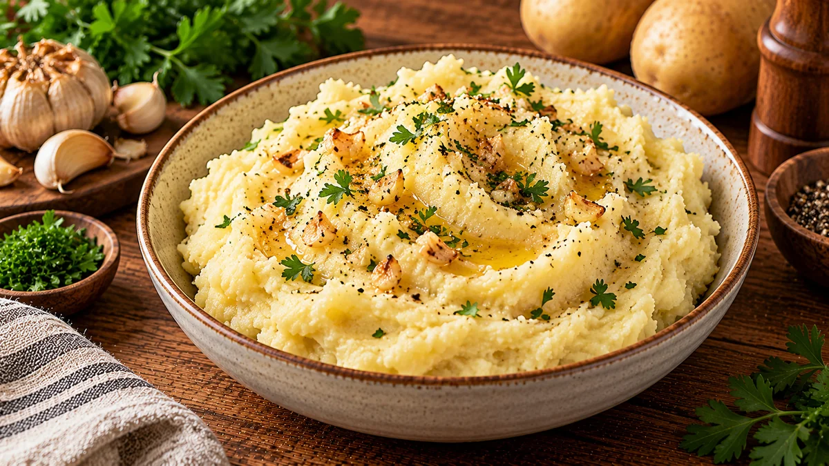 A bowl of creamy vegan garlic mashed potatoes topped with chives and olive oil